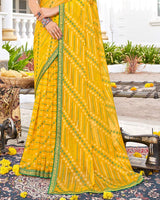 Vishal Prints Golden Yellow Brasso Saree With Diamond Work And Zari Border