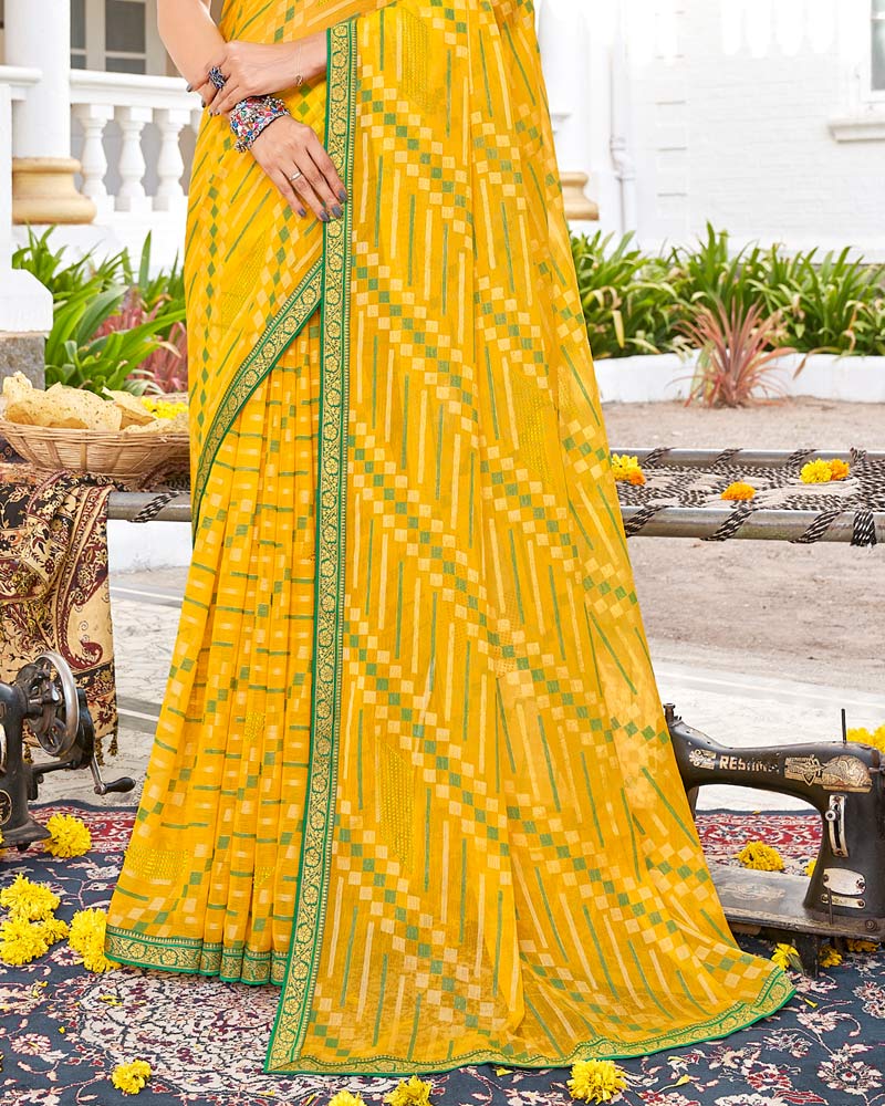 Vishal Prints Golden Yellow Brasso Saree With Diamond Work And Zari Border