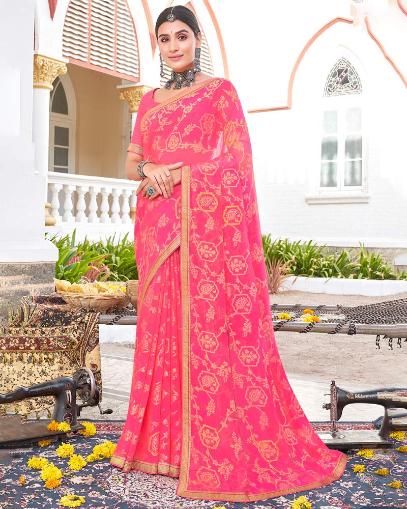 Vishal Prints Pink Brasso Saree With Diamond Work And Zari Border