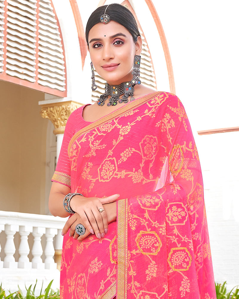 Vishal Prints Pink Brasso Saree With Diamond Work And Zari Border