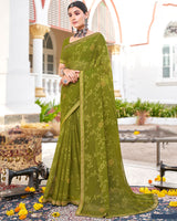 Vishal Prints Mehandi Green Brasso Saree With Diamond Work And Zari Border