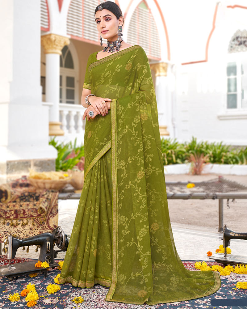 Vishal Prints Mehandi Green Brasso Saree With Diamond Work And Zari Border