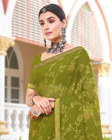 Vishal Prints Mehandi Green Brasso Saree With Diamond Work And Zari Border