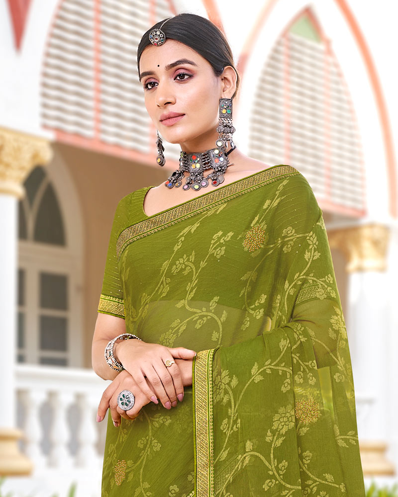 Vishal Prints Mehandi Green Brasso Saree With Diamond Work And Zari Border