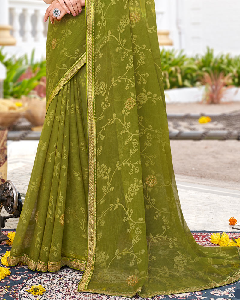 Vishal Prints Mehandi Green Brasso Saree With Diamond Work And Zari Border