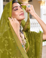 Vishal Prints Mehandi Green Brasso Saree With Diamond Work And Zari Border
