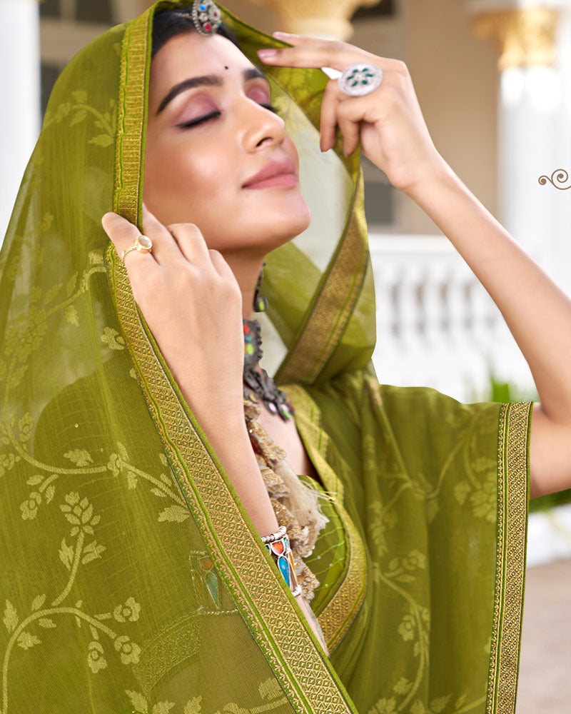 Vishal Prints Mehandi Green Brasso Saree With Diamond Work And Zari Border