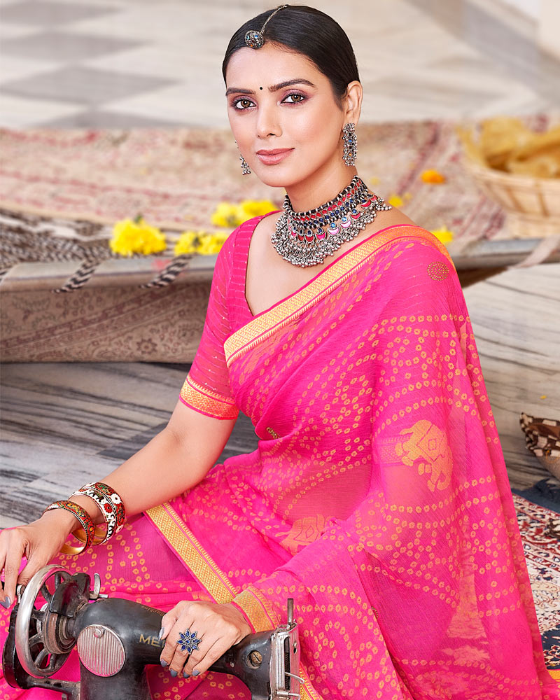 Vishal Prints Hot Pink Brasso Saree With Diamond Work And Zari Border