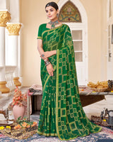 Vishal Prints Dark Green Brasso Saree With Diamond Work And Zari Border