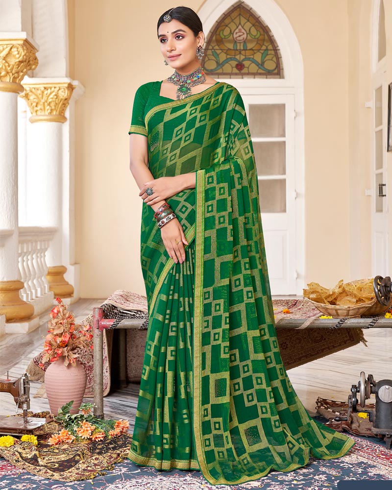 Vishal Prints Dark Green Brasso Saree With Diamond Work And Zari Border