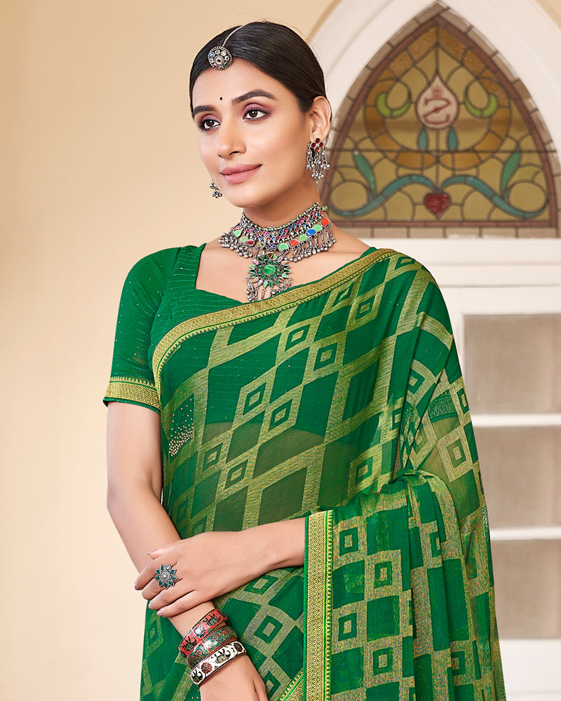 Vishal Prints Dark Green Brasso Saree With Diamond Work And Zari Border