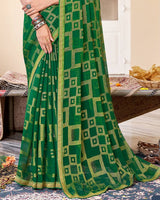 Vishal Prints Dark Green Brasso Saree With Diamond Work And Zari Border
