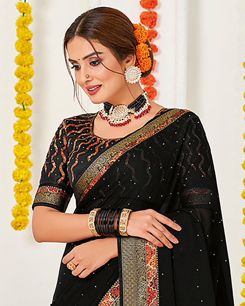 Vishal Prints Black Chiffon Saree With Diamond Work And Fancy Zari Bor