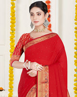 Vishal Prints Red Chiffon Saree With Diamond Work And Fancy Zari Border