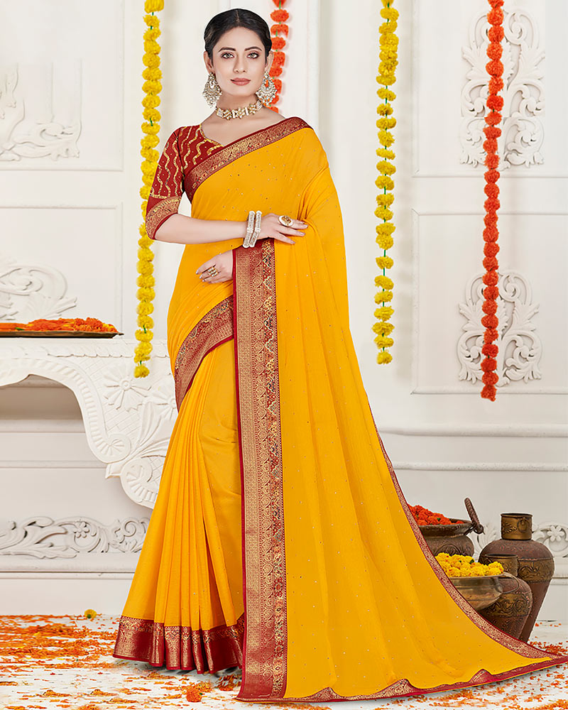 Vishal Prints Golden Yellow Chiffon Saree With Diamond Work And Fancy Zari Border