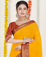 Vishal Prints Golden Yellow Chiffon Saree With Diamond Work And Fancy Zari Border