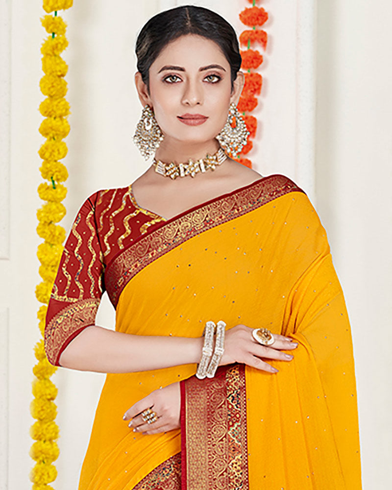 Vishal Prints Golden Yellow Chiffon Saree With Diamond Work And Fancy Zari Border