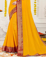 Vishal Prints Golden Yellow Chiffon Saree With Diamond Work And Fancy Zari Border