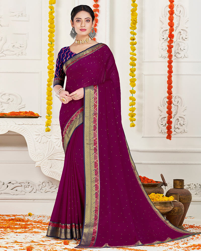 Vishal Prints Wine Chiffon Saree With Diamond Work And Fancy Zari Border