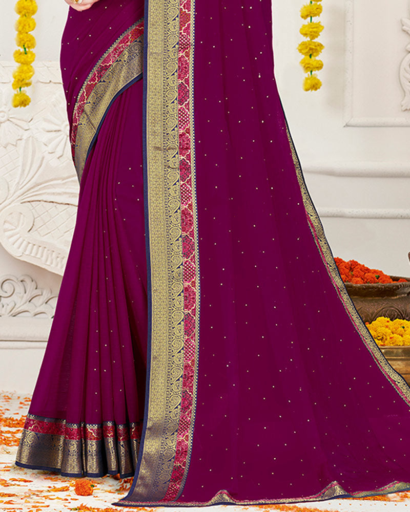 Vishal Prints Wine Chiffon Saree With Diamond Work And Fancy Zari Border