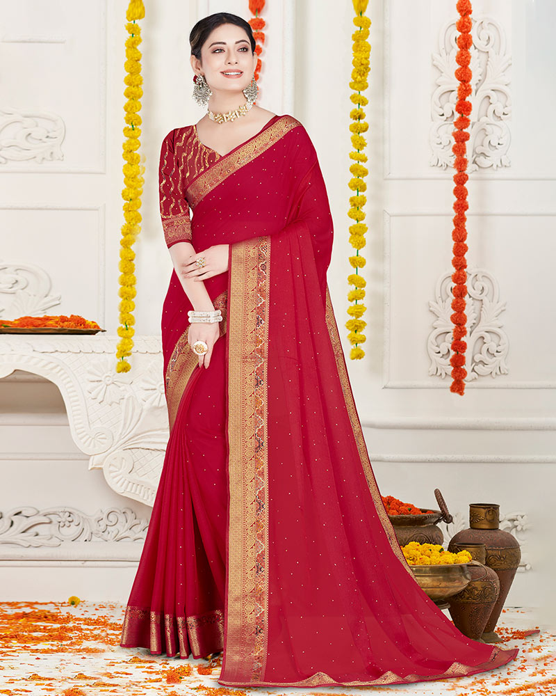 Vishal Prints Cherry Red Chiffon Saree With Diamond Work And Fancy Zari Border