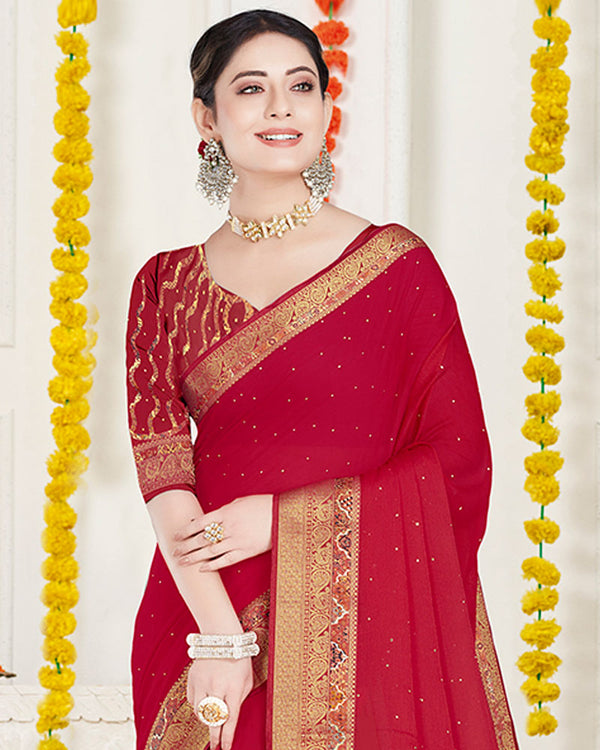 Vishal Prints Cherry Red Chiffon Saree With Diamond Work And Fancy Zari Border