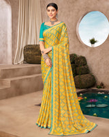 Vishal Prints Dark Yellow Printed Brasso Saree With Fancy Border