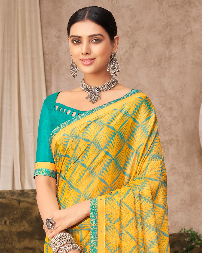 Vishal Prints Dark Yellow Printed Brasso Saree With Fancy Border