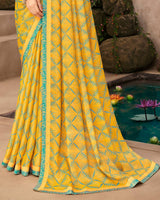 Vishal Prints Dark Yellow Printed Brasso Saree With Fancy Border