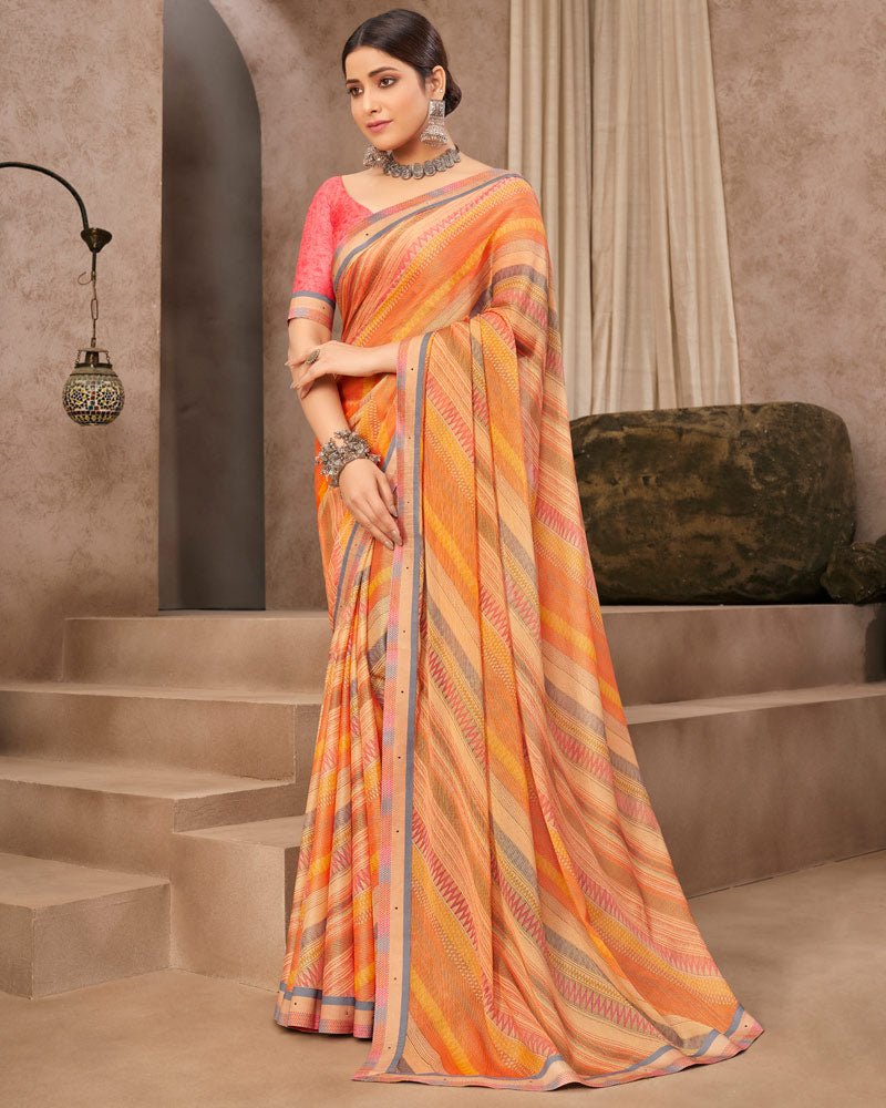 Vishal Prints Pastel Orange Printed Brasso Saree With Fancy Border