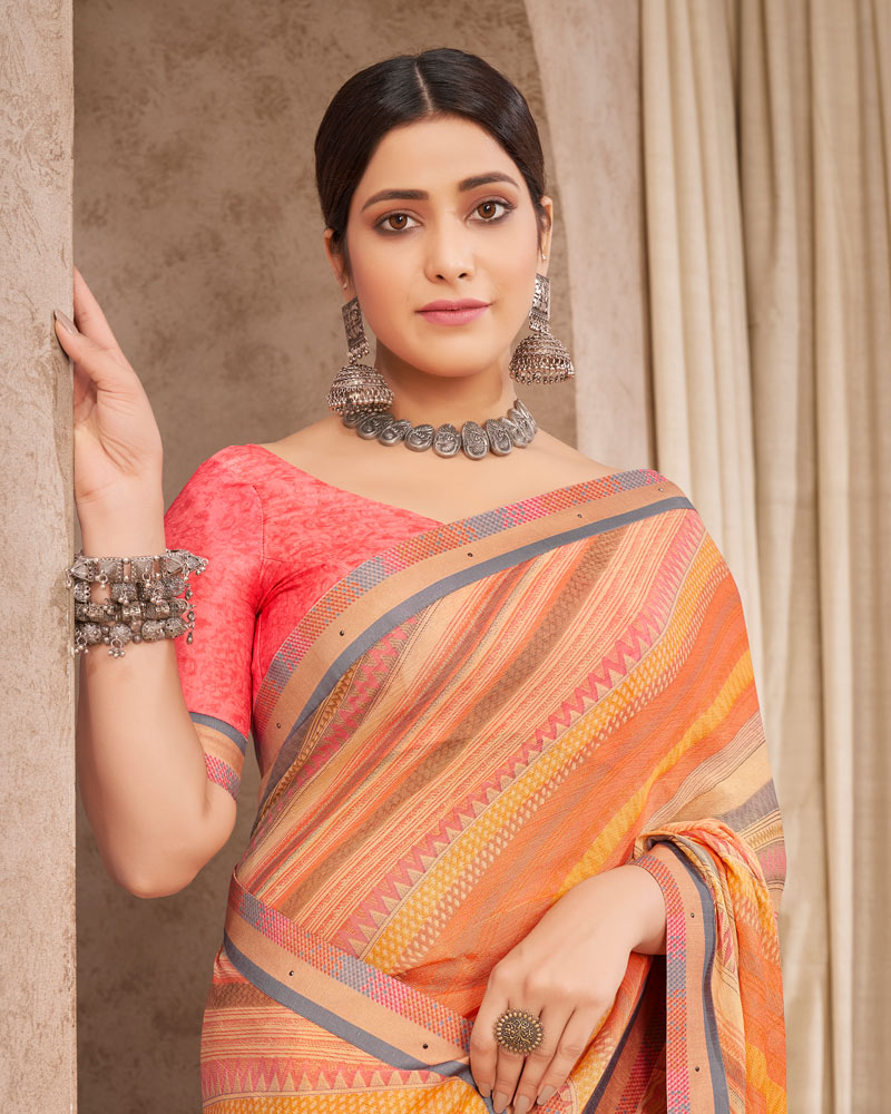 Vishal Prints Pastel Orange Printed Brasso Saree With Fancy Border