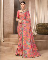 Vishal Prints Pastel Red Printed Brasso Saree With Fancy Border