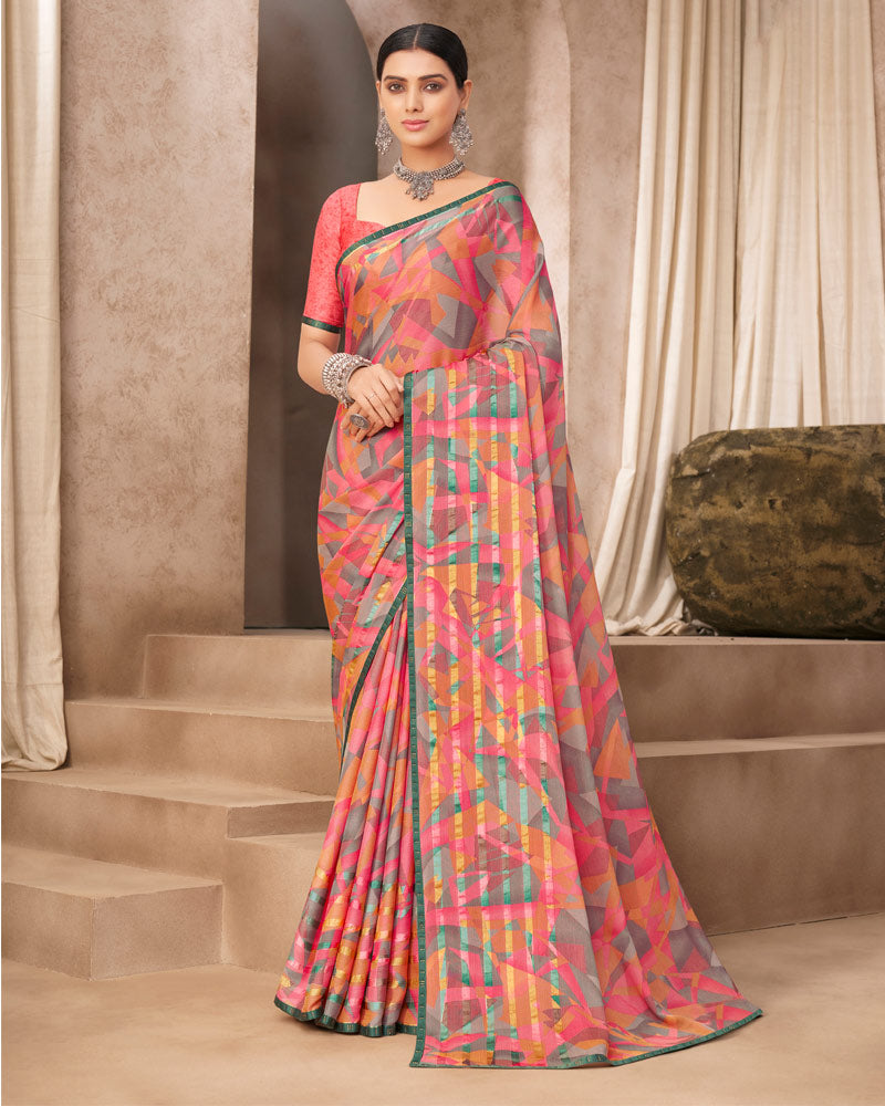 Vishal Prints Pastel Red Printed Brasso Saree With Fancy Border