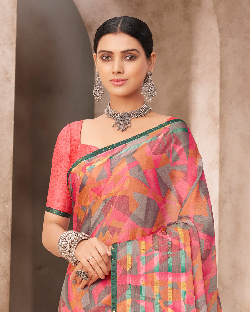 Vishal Prints Pastel Red Printed Brasso Saree With Fancy Border