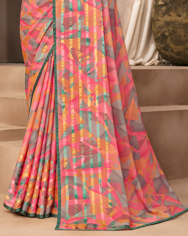 Vishal Prints Pastel Red Printed Brasso Saree With Fancy Border