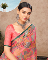 Vishal Prints Pastel Red Printed Brasso Saree With Fancy Border