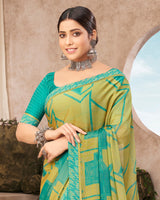Vishal Prints Pastel Olive Printed Brasso Saree With Fancy Border