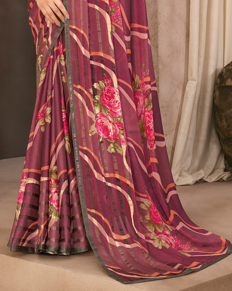 Vishal Prints Wine Printed Brasso Saree With Fancy Border