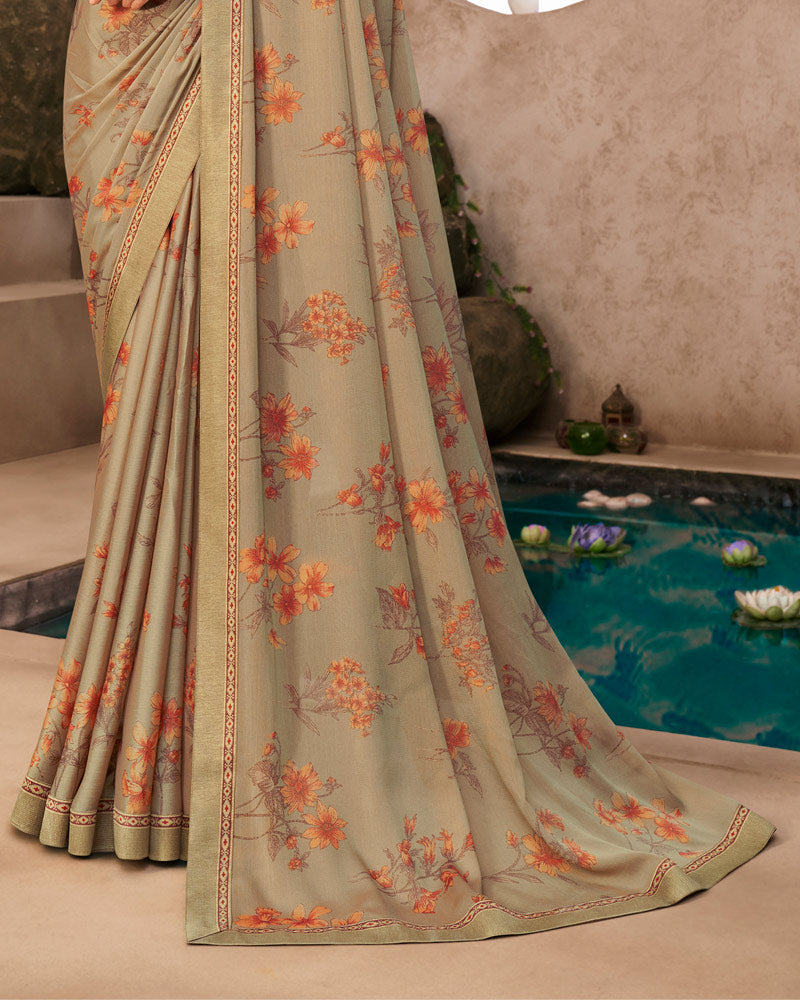 Vishal Prints Fawn Printed Brasso Saree With Fancy Border