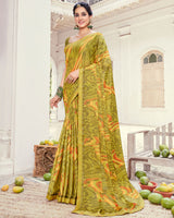 Vishal Prints Olive Yellow Printed Brasso Saree With Fancy Border