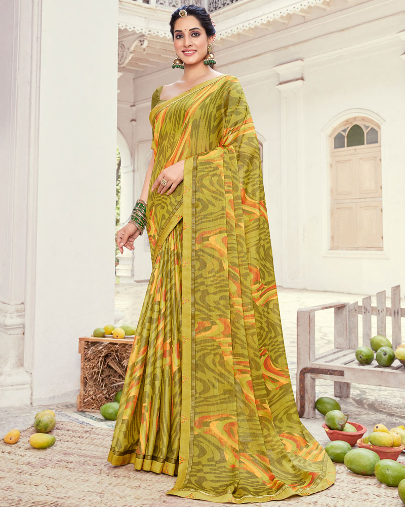 Vishal Prints Olive Yellow Printed Brasso Saree With Fancy Border