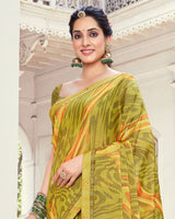 Vishal Prints Olive Yellow Printed Brasso Saree With Fancy Border