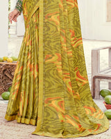 Vishal Prints Olive Yellow Printed Brasso Saree With Fancy Border