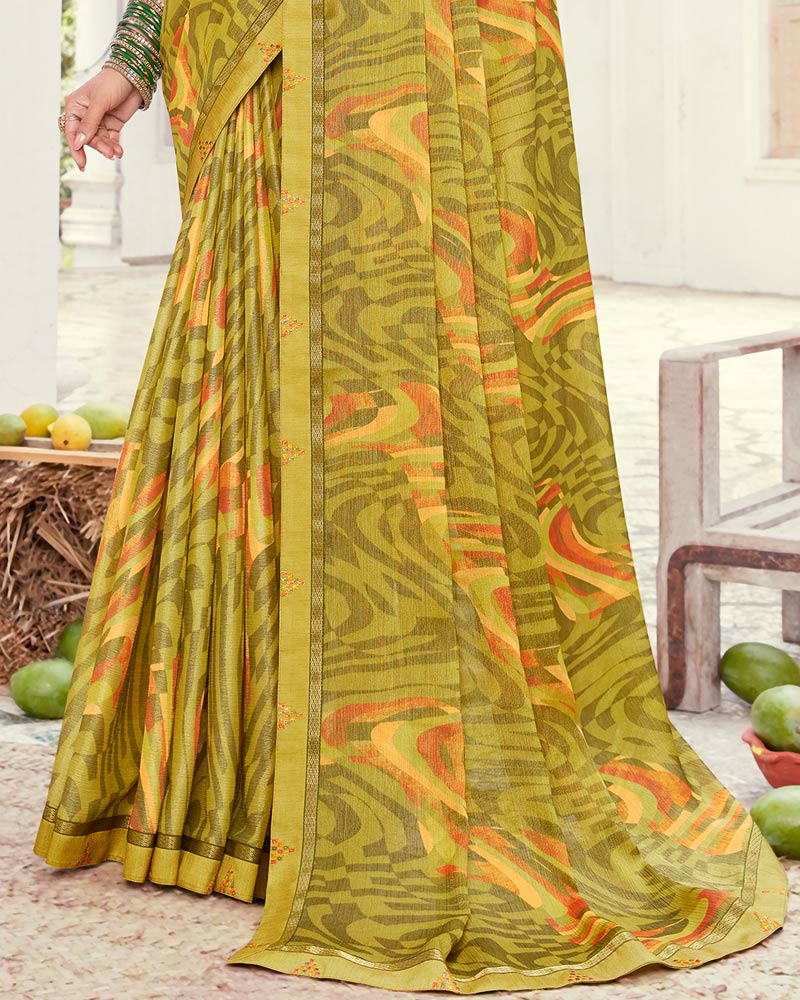 Vishal Prints Olive Yellow Printed Brasso Saree With Fancy Border