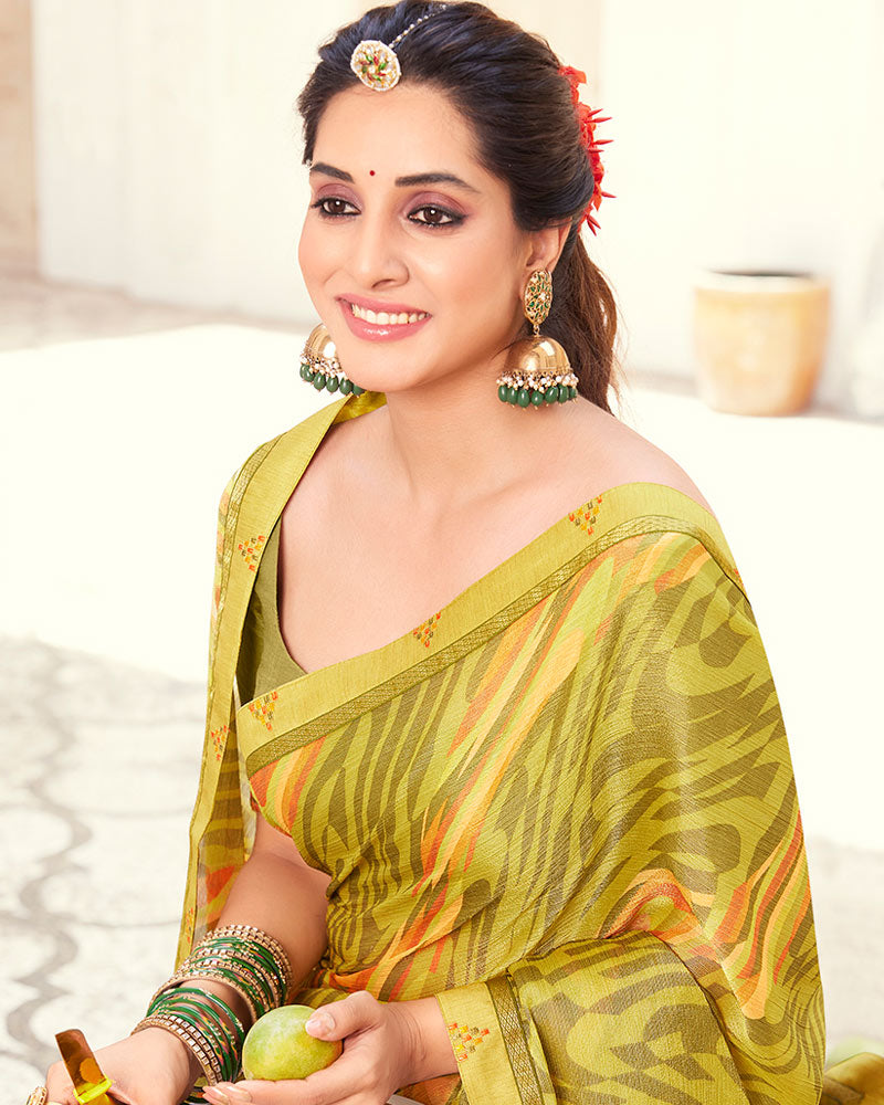 Vishal Prints Olive Yellow Printed Brasso Saree With Fancy Border