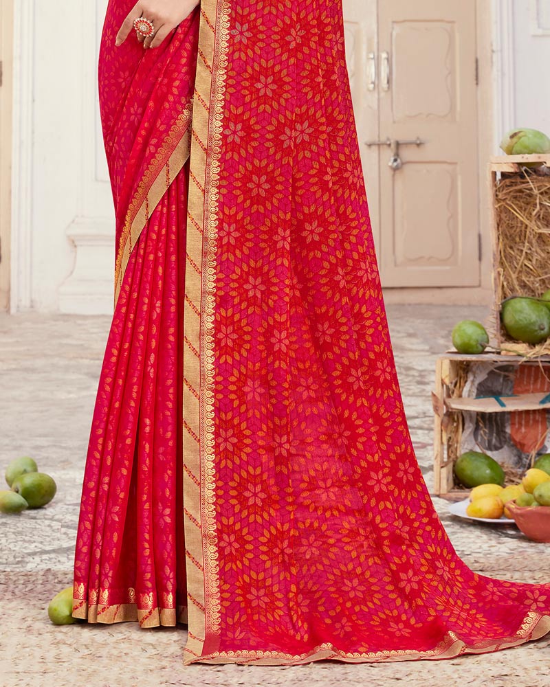 Vishal Prints Cherry Red Printed Brasso Saree With Fancy Border