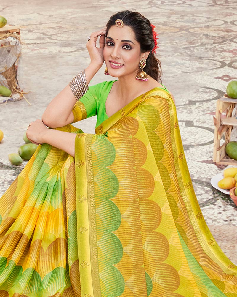 Vishal Prints Yellow Printed Brasso Saree With Fancy Border
