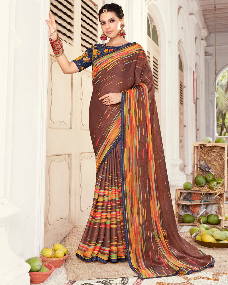 Vishal Prints Coffee Brown Printed Brasso Saree With Fancy Border