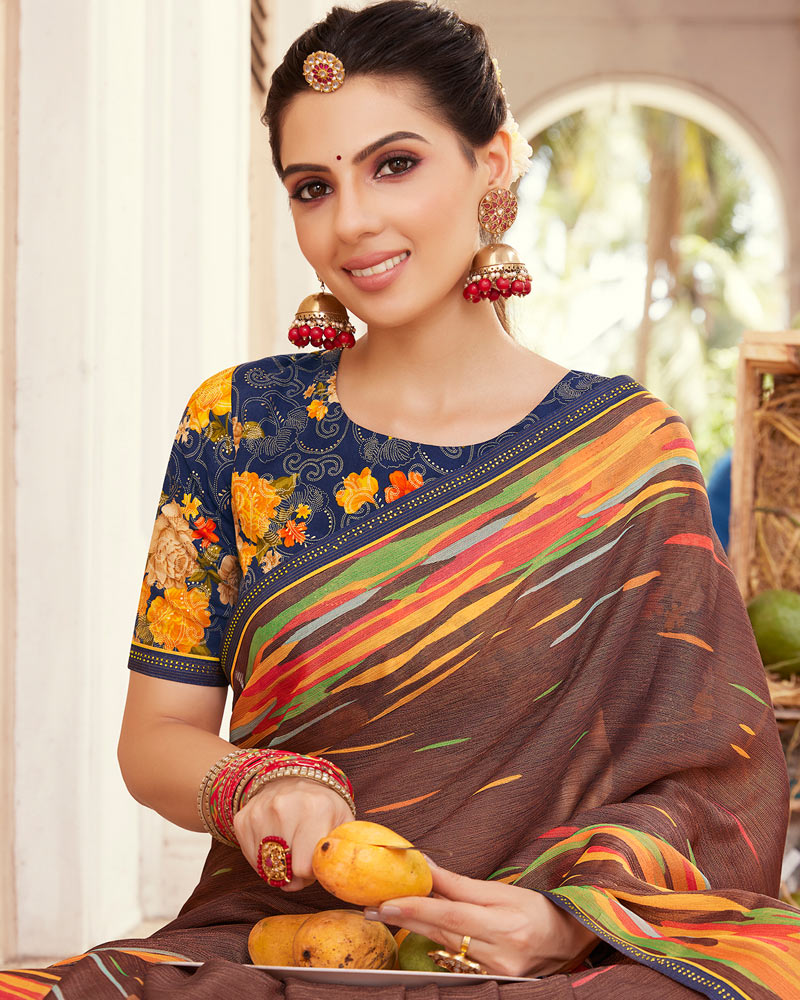 Vishal Prints Coffee Brown Printed Brasso Saree With Fancy Border