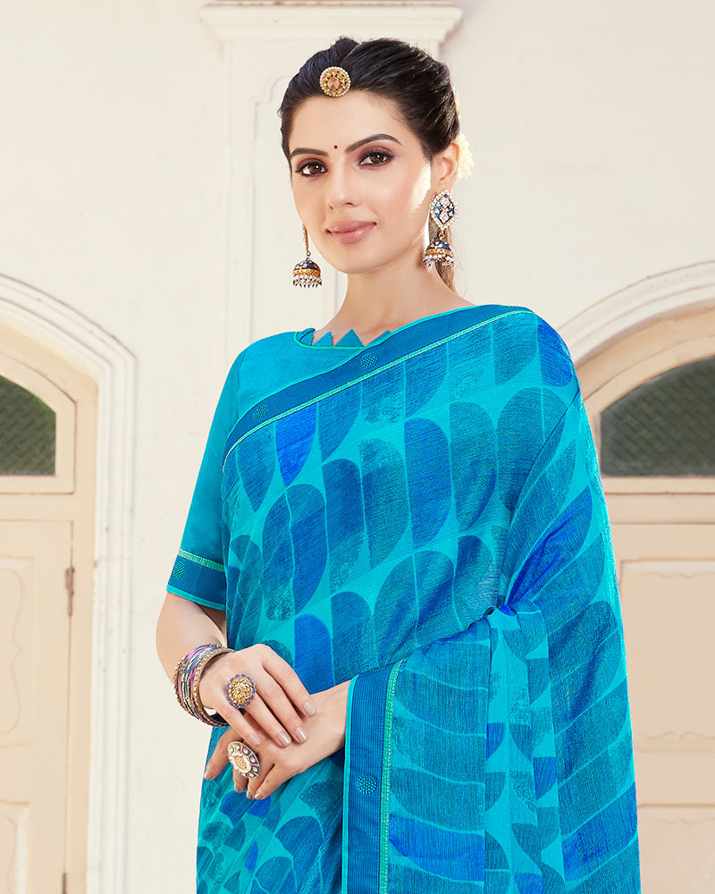 Vishal Prints Dark Turquoise Blue Printed Brasso Saree With Fancy Border